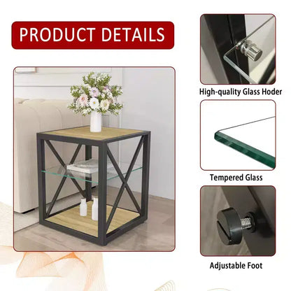 Table d'appoint industrielle moderne avec cadre en métal et étagère en verre trempé, salon et chambre