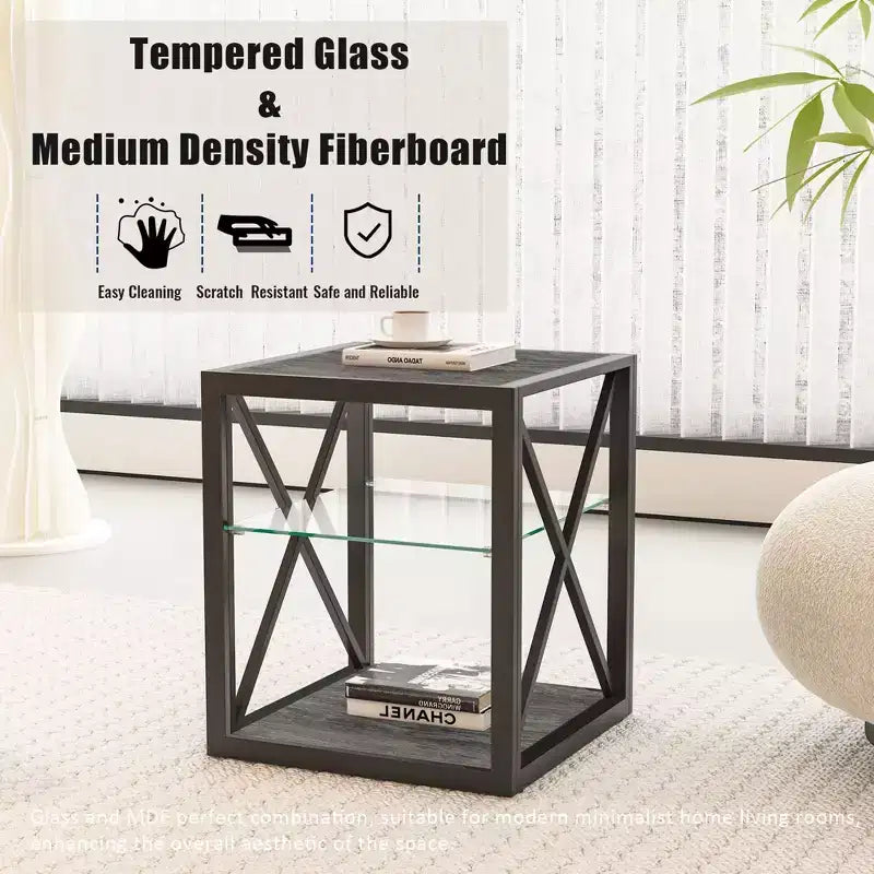 Table d'appoint industrielle moderne avec cadre en métal et étagère en verre trempé, salon et chambre