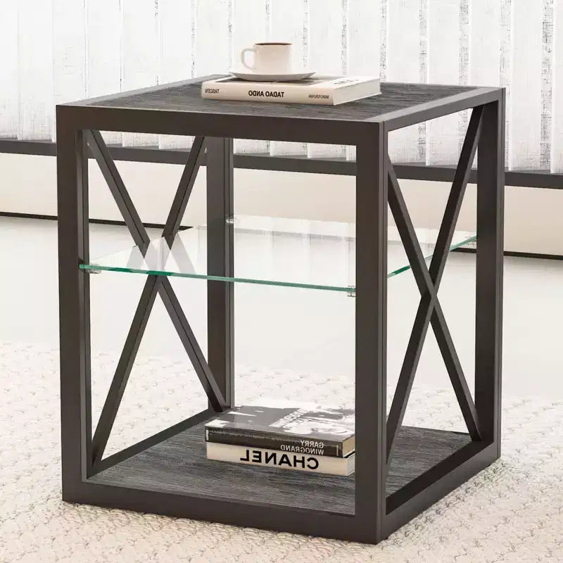 Table d'appoint industrielle moderne avec cadre en métal et étagère en verre trempé, salon et chambre