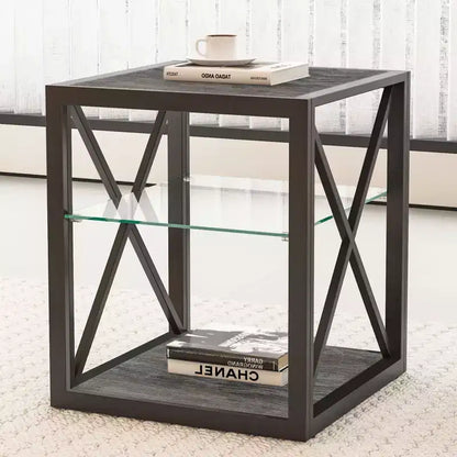 Table d'appoint industrielle moderne avec cadre en métal et étagère en verre trempé, salon et chambre