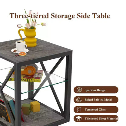 Table d'appoint industrielle moderne avec cadre en métal et étagère en verre trempé, salon et chambre