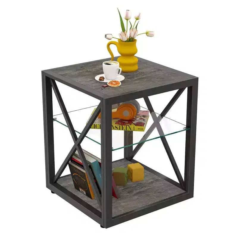 Table d'appoint industrielle moderne avec cadre en métal et étagère en verre trempé, salon et chambre