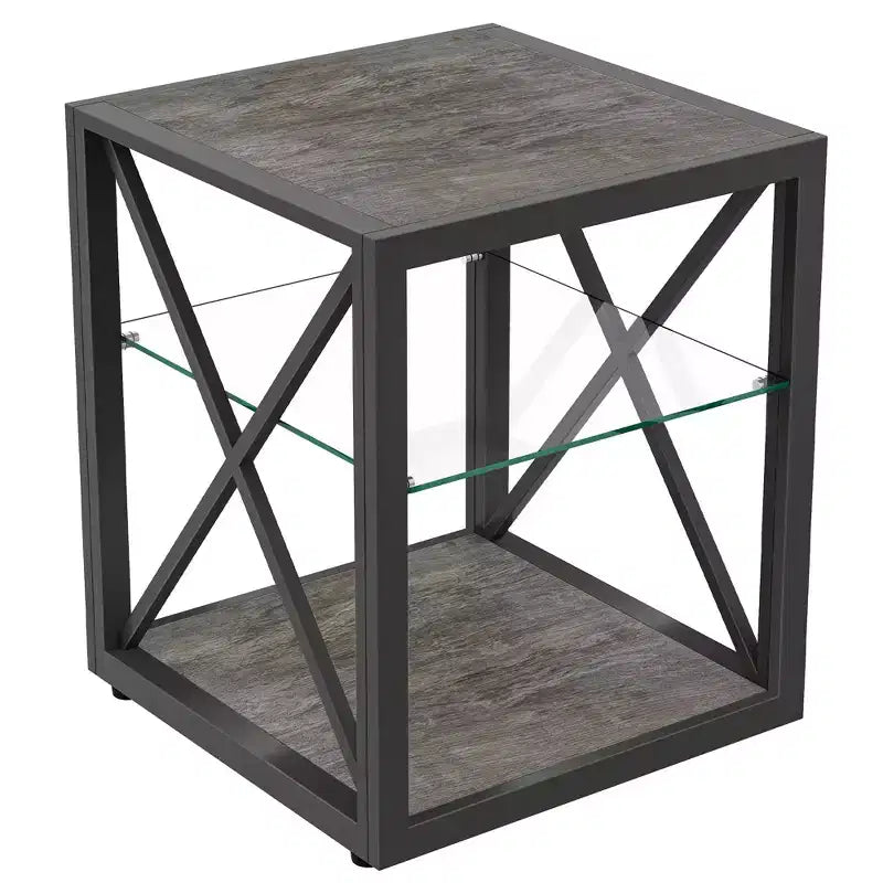 Table d'appoint industrielle moderne avec cadre en métal et étagère en verre trempé, salon et chambre