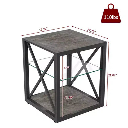 Table d'appoint industrielle moderne avec cadre en métal et étagère en verre trempé, salon et chambre