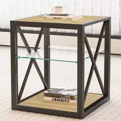 Table d'appoint industrielle moderne avec cadre en métal et étagère en verre trempé, salon et chambre