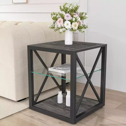 Table d'appoint industrielle moderne avec cadre en métal et étagère en verre trempé, salon et chambre
