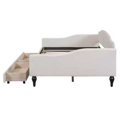 Lit de repos rembourré pleine grandeur avec 2 tiroirs, canapé-lit en lin avec dossier capitonné pour chambre à coucher, salon, chambre d'amis, beige