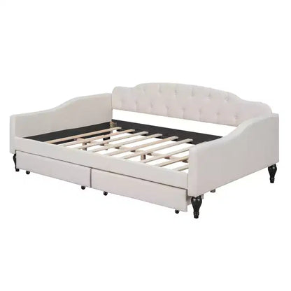 Lit de repos rembourré pleine grandeur avec 2 tiroirs, canapé-lit en lin avec dossier capitonné pour chambre à coucher, salon, chambre d'amis, beige