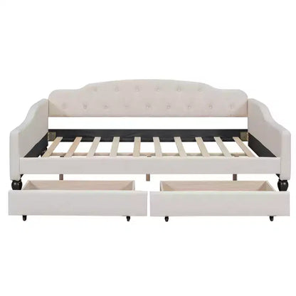 Lit de repos rembourré pleine grandeur avec 2 tiroirs, canapé-lit en lin avec dossier capitonné pour chambre à coucher, salon, chambre d'amis, beige