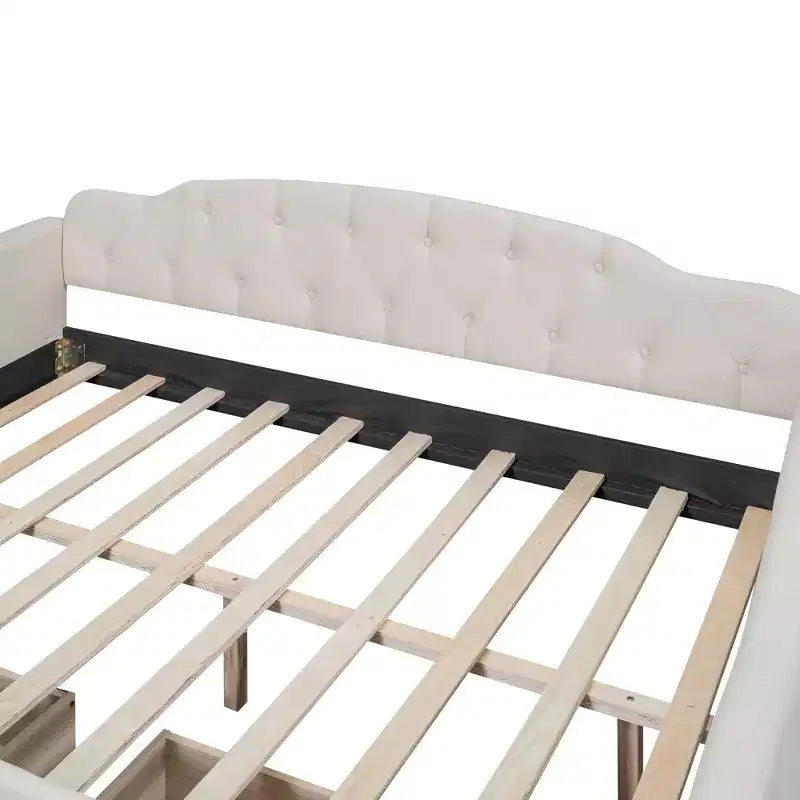 Lit de repos rembourré pleine grandeur avec 2 tiroirs, canapé-lit en lin avec dossier capitonné pour chambre à coucher, salon, chambre d'amis, beige