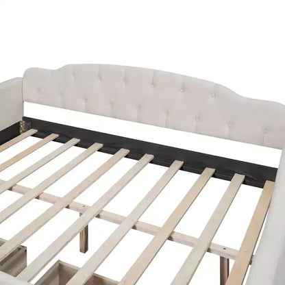 Lit de repos rembourré pleine grandeur avec 2 tiroirs, canapé-lit en lin avec dossier capitonné pour chambre à coucher, salon, chambre d'amis, beige