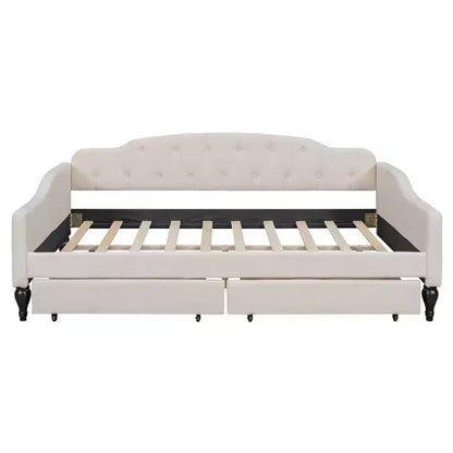 Lit de repos rembourré pleine grandeur avec 2 tiroirs, canapé-lit en lin avec dossier capitonné pour chambre à coucher, salon, chambre d'amis, beige