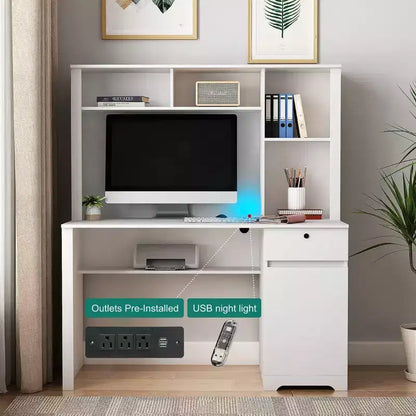 Bureau d'ordinateur, adapté aux adolescents, aux étudiants, pour écrire, les ordinateurs portables et l'usage domestique, avec tiroirs, 3 prises secteur et 2 ports de chargement USB.