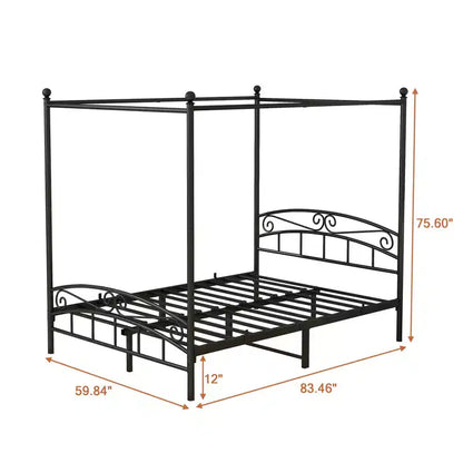 Structure de lit à baldaquin en métal avec tête de lit vintage et rangement sous le lit de 31,5 cm