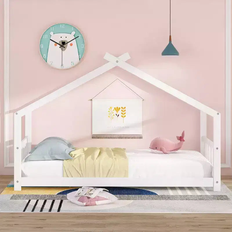 Lit Cabane Montessori en Bois pour Enfants, Taille Double/Complète, avec Cadre de Lit en Forme de Maison et Clôture, Lit Tente de Jeu avec Toit