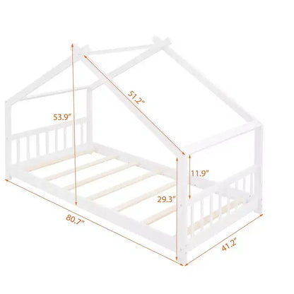Lit Cabane Montessori en Bois pour Enfants, Taille Double/Complète, avec Cadre de Lit en Forme de Maison et Clôture, Lit Tente de Jeu avec Toit