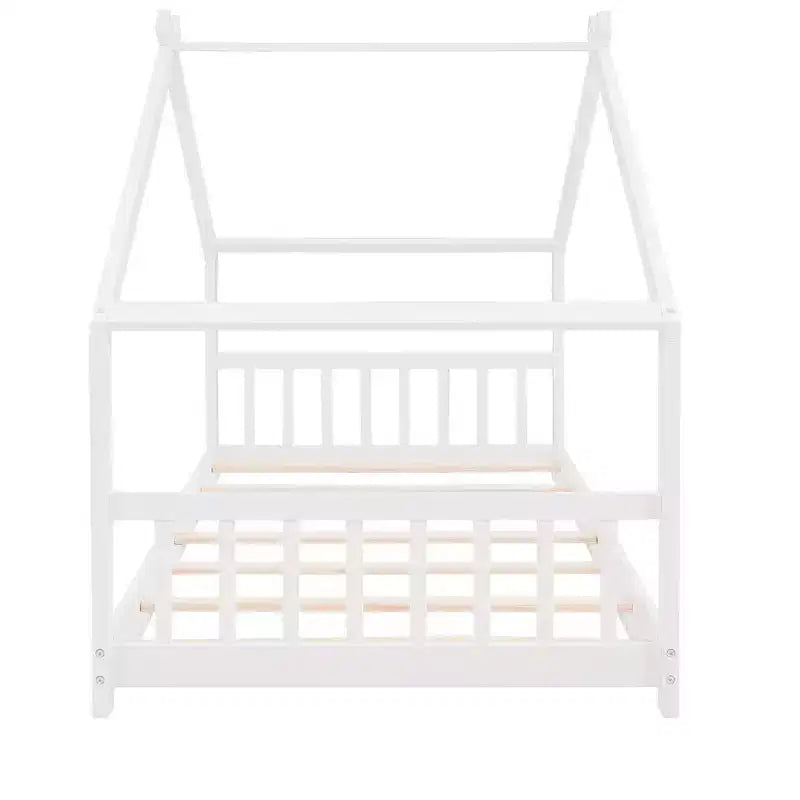 Lit Cabane Montessori en Bois pour Enfants, Taille Double/Complète, avec Cadre de Lit en Forme de Maison et Clôture, Lit Tente de Jeu avec Toit