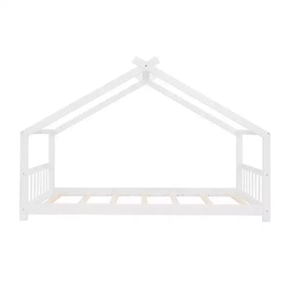 Lit Cabane Montessori en Bois pour Enfants, Taille Double/Complète, avec Cadre de Lit en Forme de Maison et Clôture, Lit Tente de Jeu avec Toit