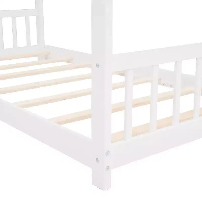 Lit Cabane Montessori en Bois pour Enfants, Taille Double/Complète, avec Cadre de Lit en Forme de Maison et Clôture, Lit Tente de Jeu avec Toit