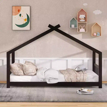Lit Cabane Montessori en Bois pour Enfants, Taille Double/Complète, avec Cadre de Lit en Forme de Maison et Clôture, Lit Tente de Jeu avec Toit
