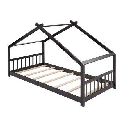 Lit Cabane Montessori en Bois pour Enfants, Taille Double/Complète, avec Cadre de Lit en Forme de Maison et Clôture, Lit Tente de Jeu avec Toit