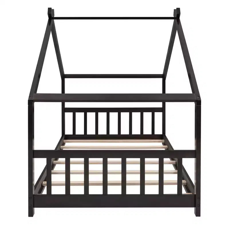 Lit Cabane Montessori en Bois pour Enfants, Taille Double/Complète, avec Cadre de Lit en Forme de Maison et Clôture, Lit Tente de Jeu avec Toit
