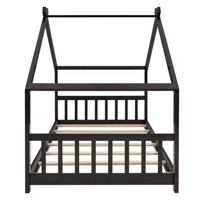 Lit Cabane Montessori en Bois pour Enfants, Taille Double/Complète, avec Cadre de Lit en Forme de Maison et Clôture, Lit Tente de Jeu avec Toit