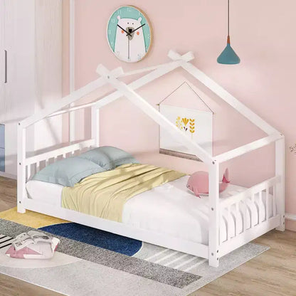 Lit Cabane Montessori en Bois pour Enfants, Taille Double/Complète, avec Cadre de Lit en Forme de Maison et Clôture, Lit Tente de Jeu avec Toit