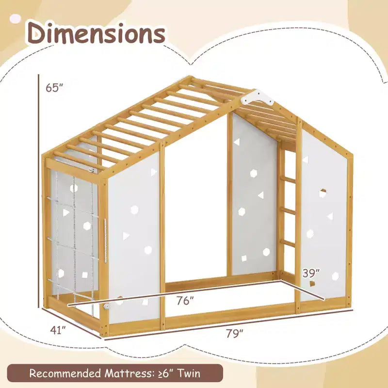 Lit d'escalade Montessori 2 en 1 taille double avec barres de singe pour garçons et filles