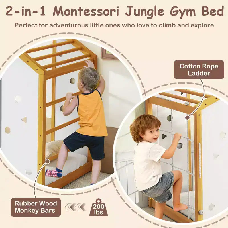 Lit d'escalade Montessori 2 en 1 taille double avec barres de singe pour garçons et filles