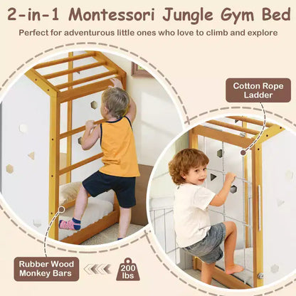 Lit d'escalade Montessori 2 en 1 taille double avec barres de singe pour garçons et filles