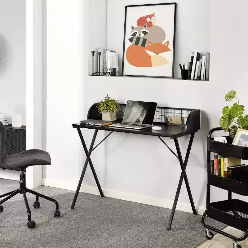 Bureau informatique de 101,6 cm pour jeux et bureau à domicile avec étagère de rangement à grille et cadre en métal en forme de X, noir