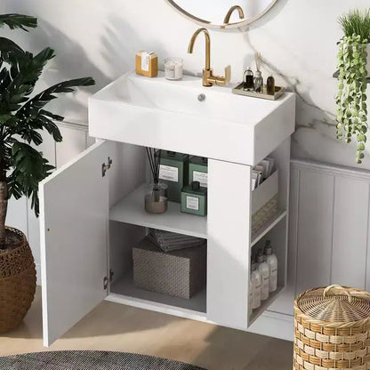 Meuble-lavabo flottant avec évier en céramique, rangement latéral droit/gauche, meuble de salle de bain mural en bois pour petite salle de bain