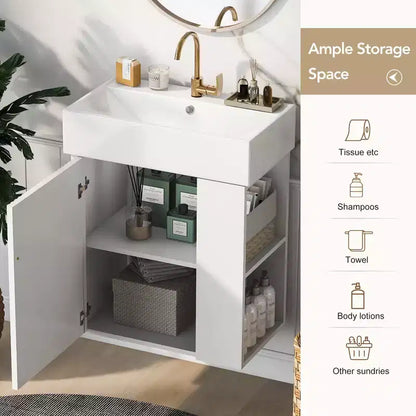 Meuble-lavabo flottant avec évier en céramique, rangement latéral droit/gauche, meuble de salle de bain mural en bois pour petite salle de bain