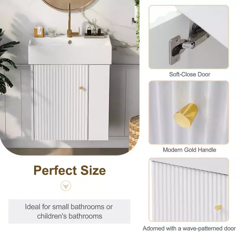 Meuble-lavabo flottant avec évier en céramique, rangement latéral droit/gauche, meuble de salle de bain mural en bois pour petite salle de bain