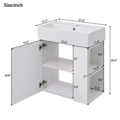 Meuble-lavabo flottant avec évier en céramique, rangement latéral droit/gauche, meuble de salle de bain mural en bois pour petite salle de bain