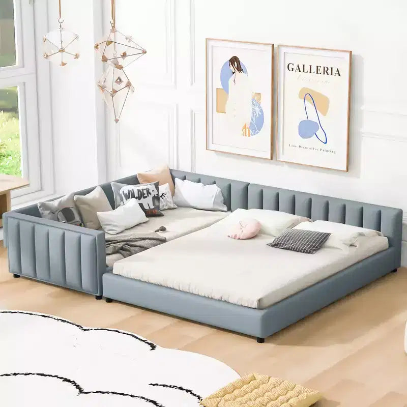 Lit gigogne en bois pour mère et enfant, tailles Queen et Twin XL, capitonné en cuir PU, plateforme au sol