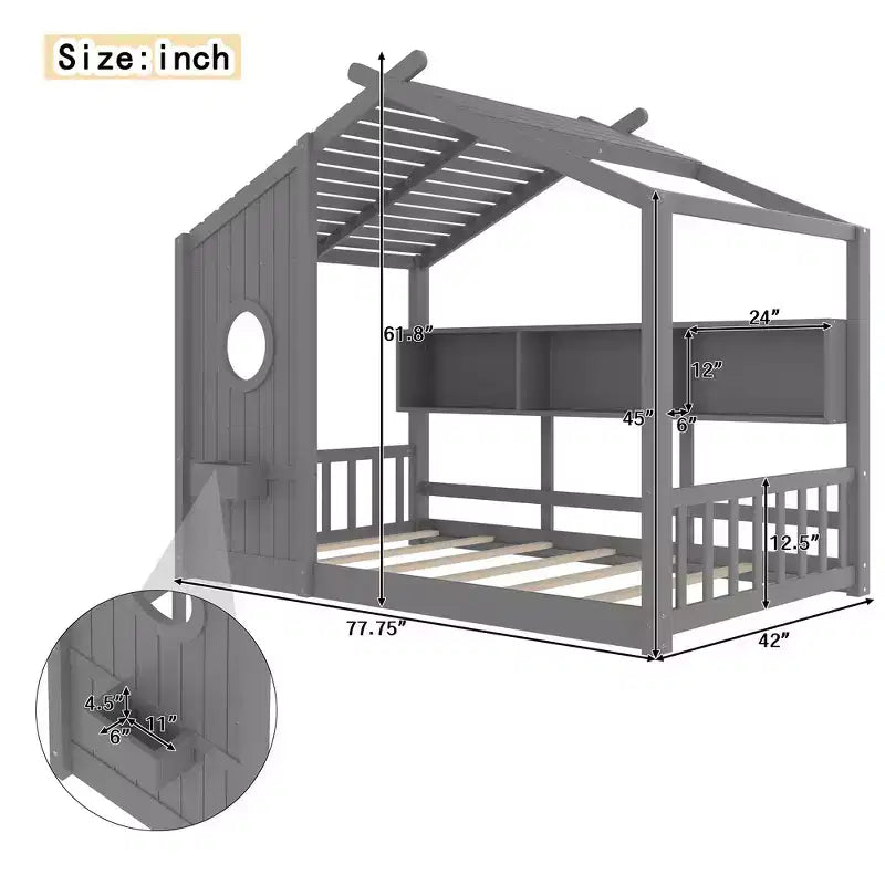 Lit de sol Montessori double en bois de pin massif avec étagère de rangement et toit