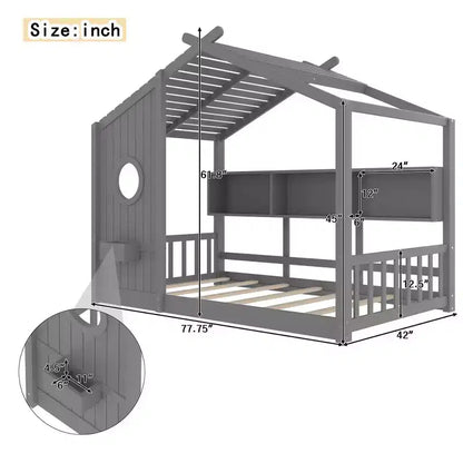 Lit de sol Montessori double en bois de pin massif avec étagère de rangement et toit