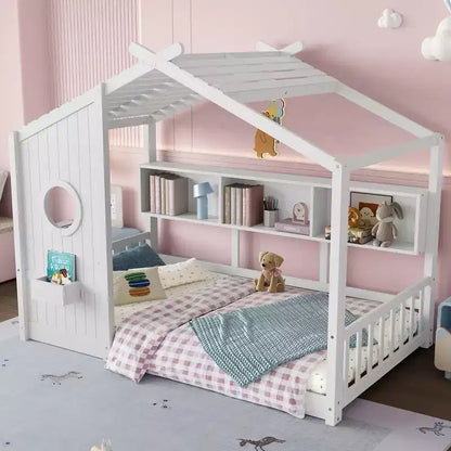 Lit de sol Montessori double en bois de pin massif avec étagère de rangement et toit