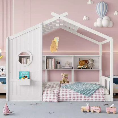 Lit de sol Montessori double en bois de pin massif avec étagère de rangement et toit
