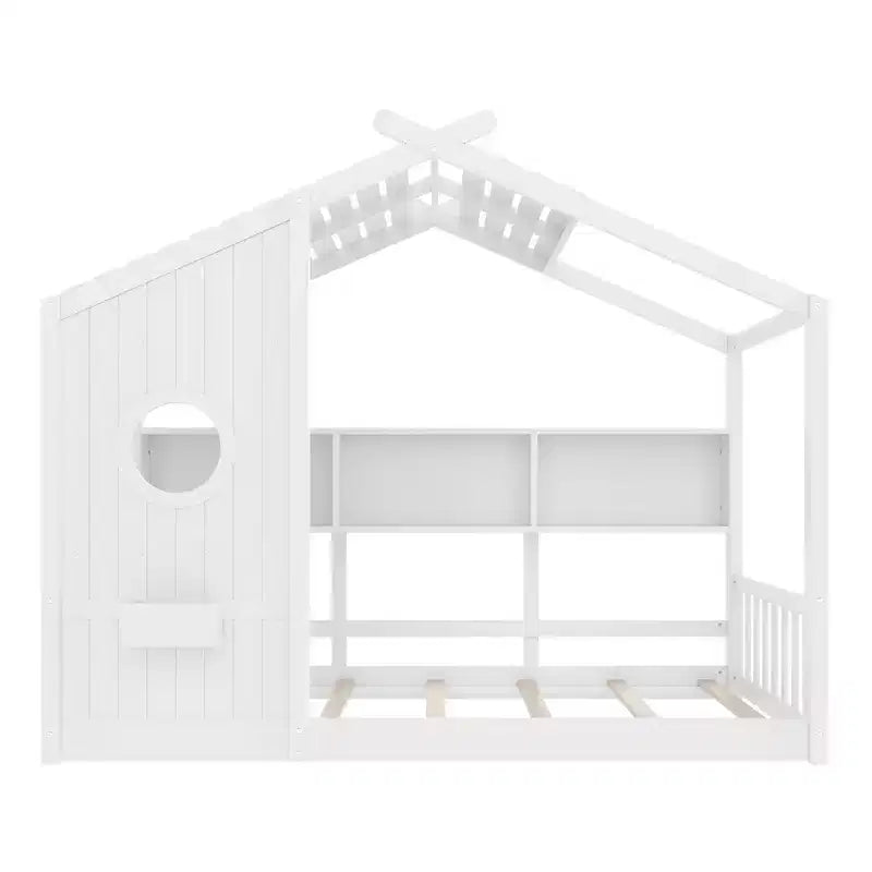 Lit de sol Montessori double en bois de pin massif avec étagère de rangement et toit
