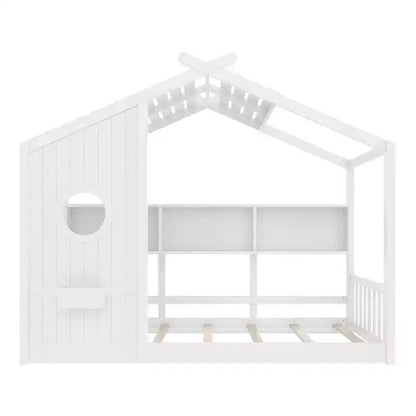 Lit de sol Montessori double en bois de pin massif avec étagère de rangement et toit