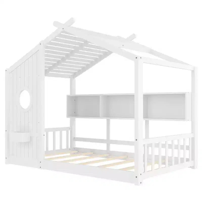 Lit de sol Montessori double en bois de pin massif avec étagère de rangement et toit