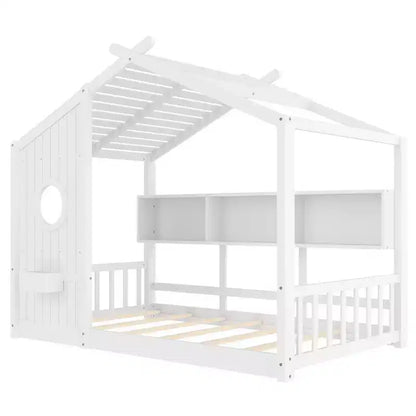 Lit de sol Montessori double en bois de pin massif avec étagère de rangement et toit