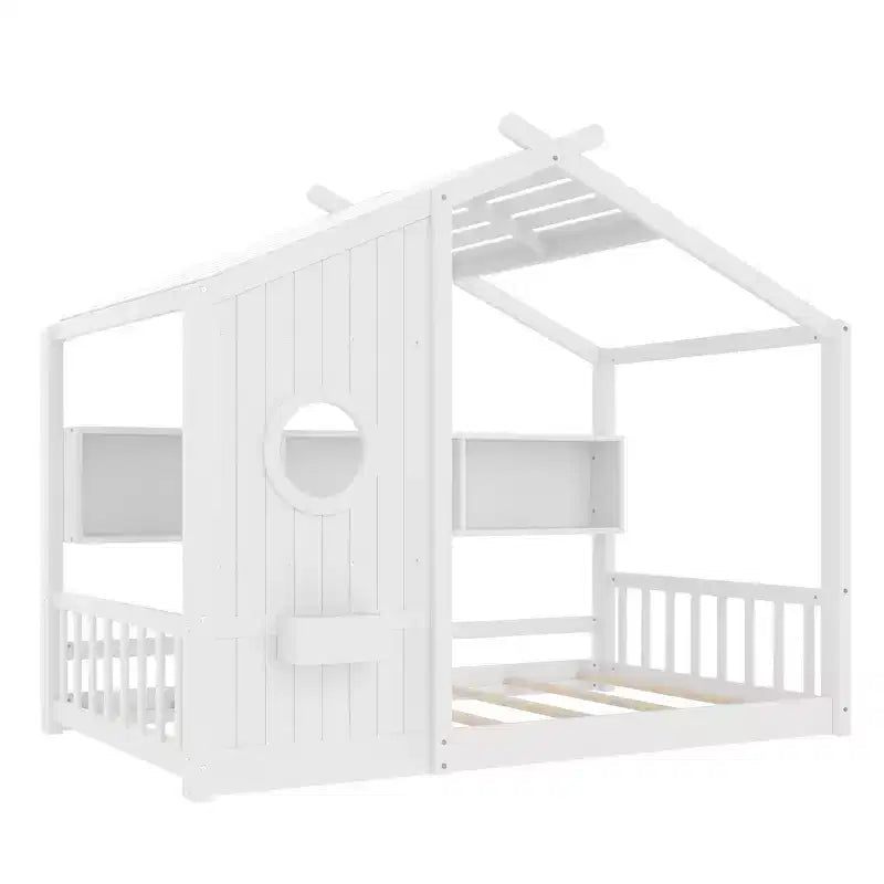 Lit de sol Montessori double en bois de pin massif avec étagère de rangement et toit