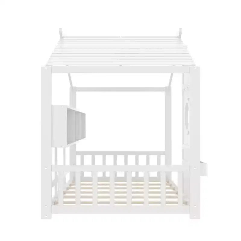 Lit de sol Montessori double en bois de pin massif avec étagère de rangement et toit