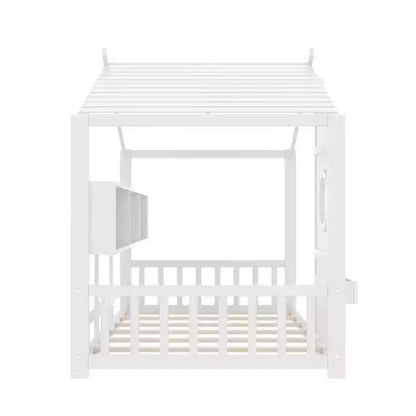 Lit de sol Montessori double en bois de pin massif avec étagère de rangement et toit