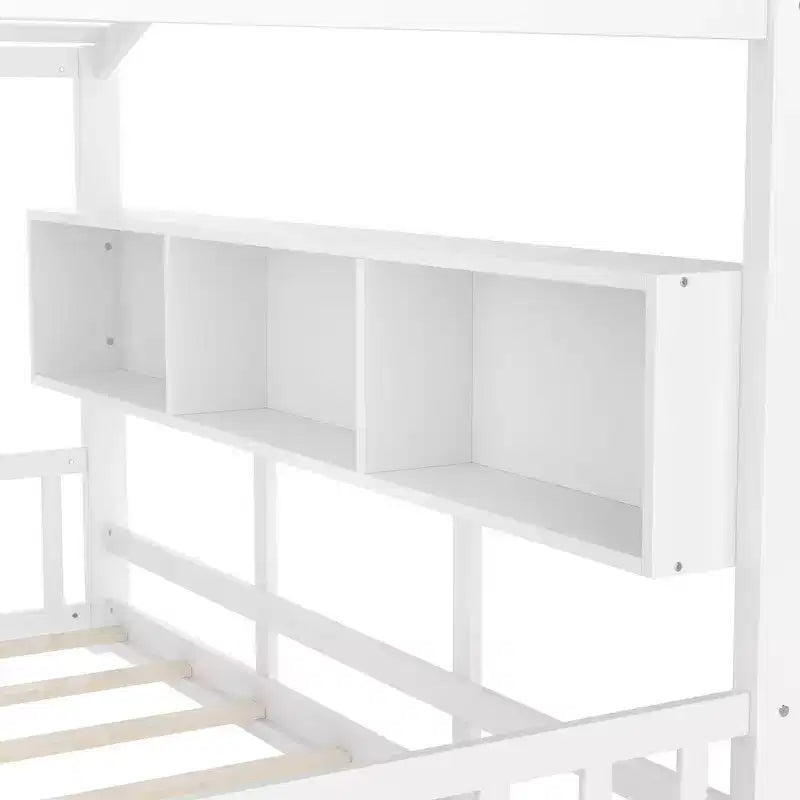 Lit de sol Montessori double en bois de pin massif avec étagère de rangement et toit