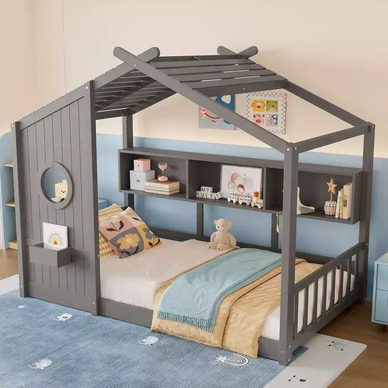 Lit de sol Montessori double en bois de pin massif avec étagère de rangement et toit